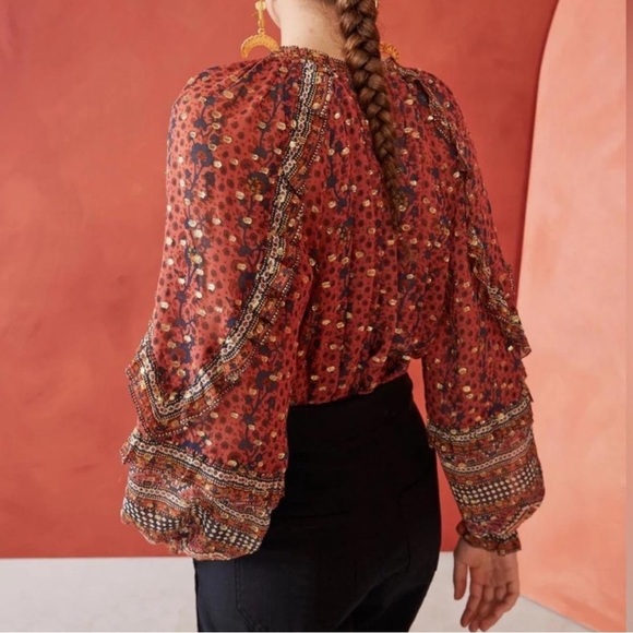 Ulla Johnson Calista Sheer Silk Blouse in Rust Gold and Navy Size 2 - Picture 9 of 14